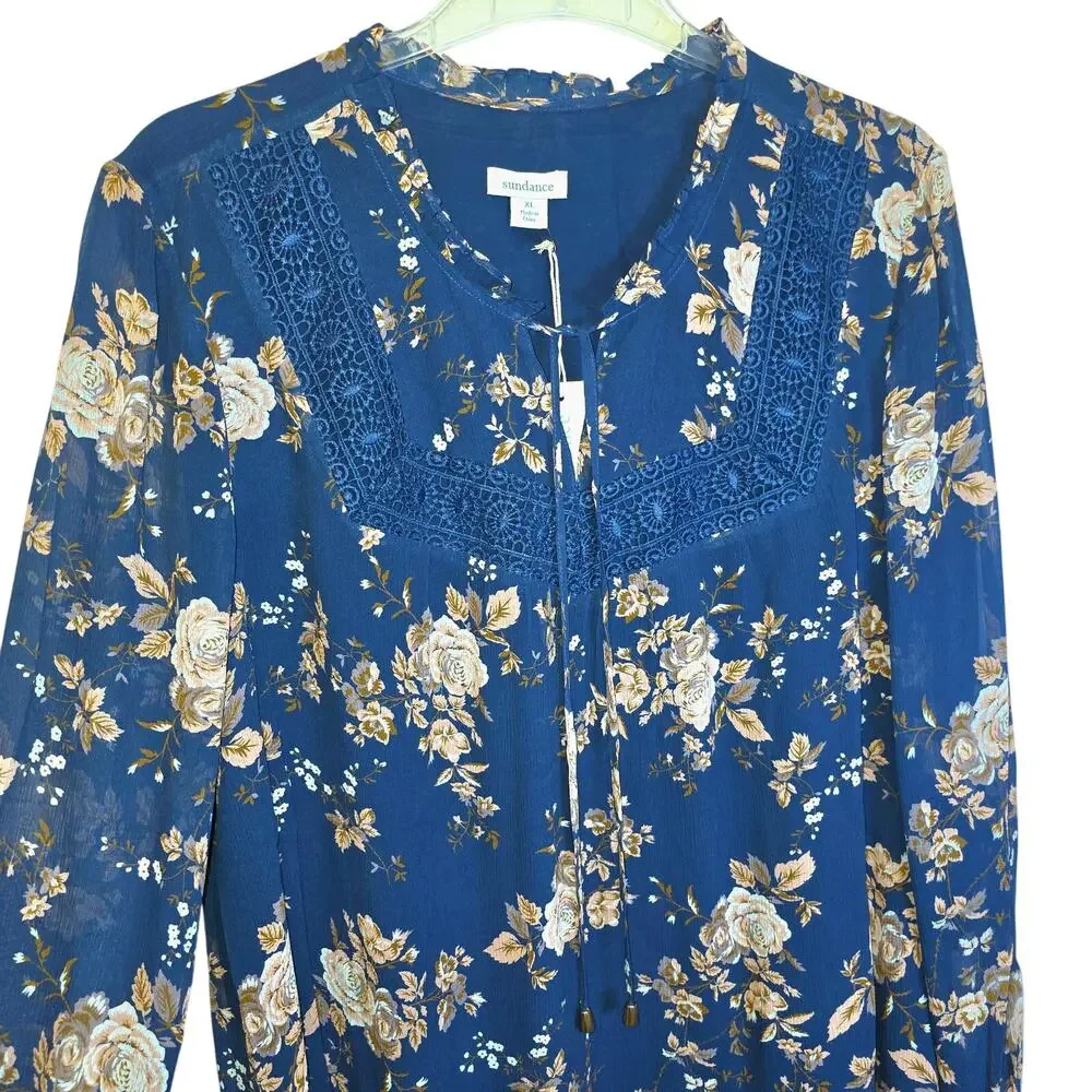 Sundance Highland Garden Silk Tunic Blouse Floral Sz XL Blue Pullover Sheer $138 - Picture 4 of 16